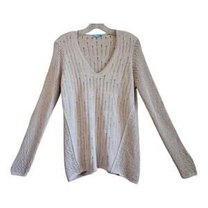J McLaughlin Women's L Sweater Beige Neutral Open Weave Long Sleeve Preppy 40"